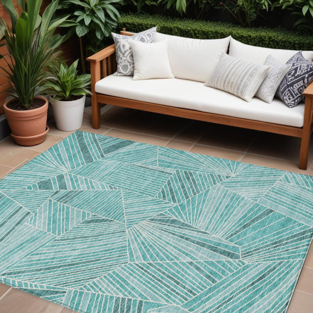 HomeRoots 5' Stylish Teal Blue and Ivory Geometric Area Rug – Durable, Washable for Indoor/Outdoor Spaces 10' X 14' 594814