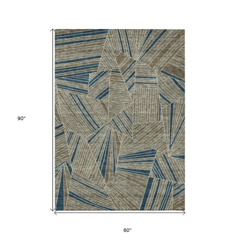 Homeroots 3' Stylish Geometric Beige Brown And Ivory Washable Area Rug For Indoor And Outdoor Spaces 5' X 8' Polyester 594816