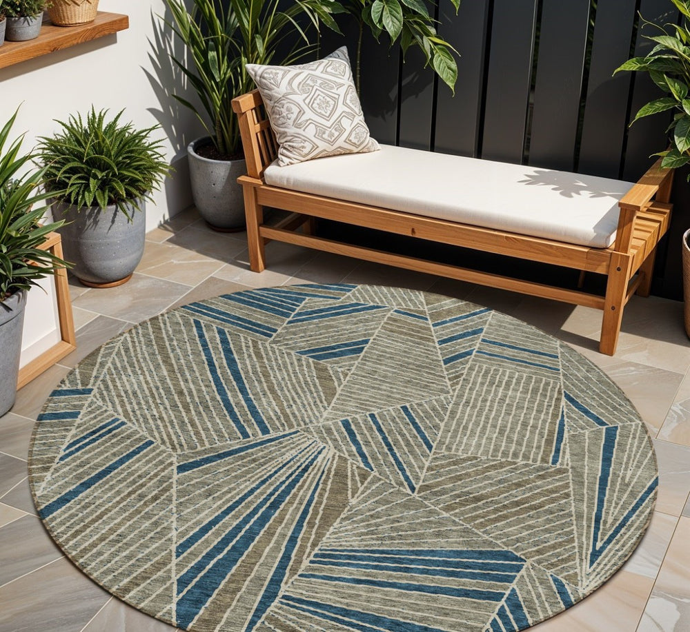 HomeRoots 5' Stylish Taupe Blue and Beige Geometric Area Rug - Washable, Durable for Indoor/Outdoor Use 8' Round 594817