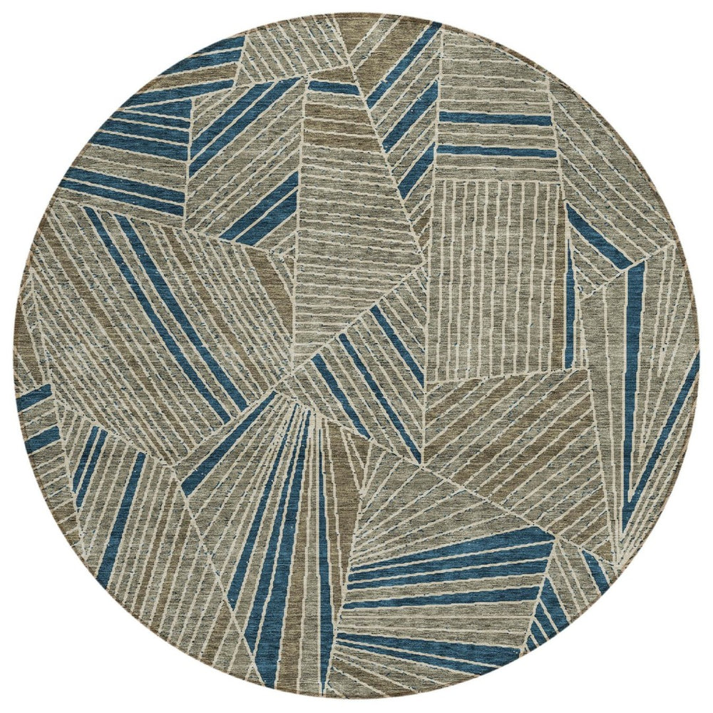 HomeRoots 5' Stylish Taupe Blue and Beige Geometric Area Rug - Washable, Durable for Indoor/Outdoor Use 8' Round 594817