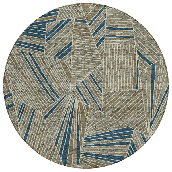 HomeRoots 5' Stylish Taupe Blue and Beige Geometric Area Rug - Washable, Durable for Indoor/Outdoor Use 8' Round 594817