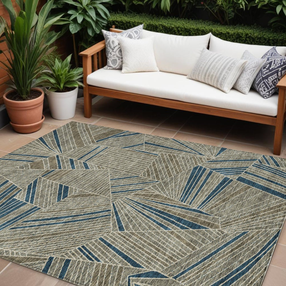 HomeRoots 9' X 12' Taupe Blue Beige Geometric Washable Area Rug - Stylish Indoor Outdoor Durability & Easy Care 594819