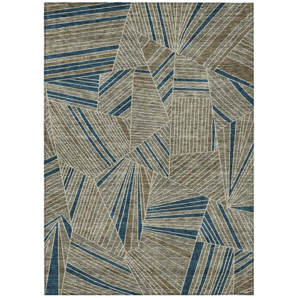 HomeRoots 5' Stylish Taupe Blue and Beige Geometric Area Rug - Washable, Durable for Indoor/Outdoor Use 10' X 14' 594820