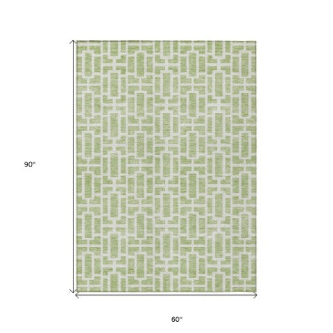 Homeroots 3' Artichoke Green And Ivory Geometric Washable Area Rug For Indoor And Outdoor Spaces 5' X 8' Polyester 594822
