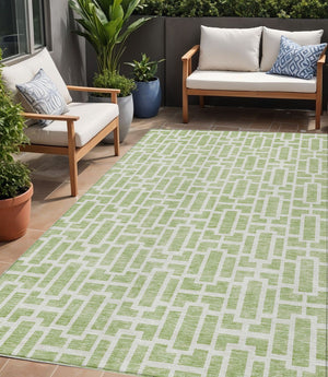 Homeroots 3' Artichoke Green And Ivory Geometric Washable Area Rug For Indoor And Outdoor Spaces 5' X 8' Polyester 594822