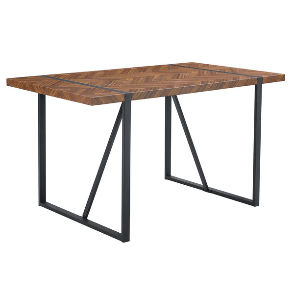 English Elm A minimalist retro dining table with fishbone MDF tabletop, dark wood texture, inset black metal legs, 55"x31.4" W1151P240748