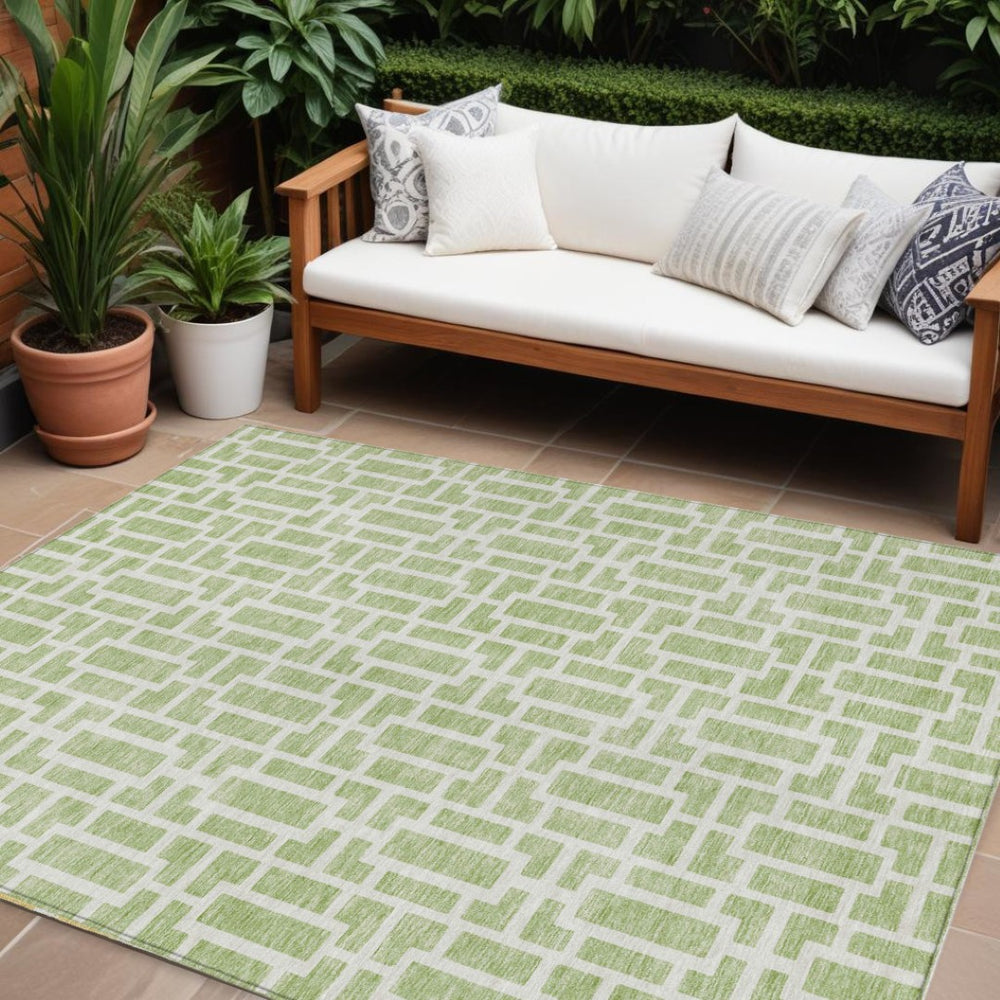 HomeRoots 5' Stylish Artichoke Green and Ivory Geometric Washable Area Rug for Indoor and Outdoor Spaces 8' X 10' 594824