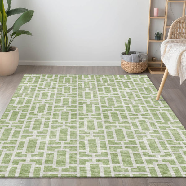 Homeroots 3' Artichoke Green And Ivory Geometric Washable Area Rug For Indoor And Outdoor Spaces 8' X 10' Polyester 594824