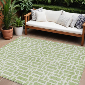 Homeroots 3' Artichoke Green And Ivory Geometric Washable Area Rug For Indoor And Outdoor Spaces 9' X 12' Polyester 594825