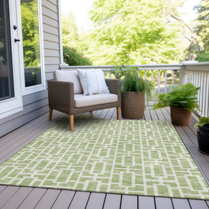 Homeroots 3' Artichoke Green And Ivory Geometric Washable Area Rug For Indoor And Outdoor Spaces 9' X 12' Polyester 594825