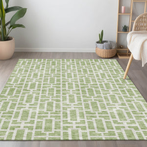 Homeroots 3' Artichoke Green And Ivory Geometric Washable Area Rug For Indoor And Outdoor Spaces 10' X 14' Polyester 594826