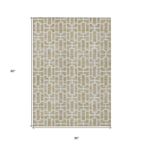 Homeroots 3' Artichoke Green And Ivory Geometric Washable Area Rug For Indoor And Outdoor Spaces 3' X 5' Polyester 594827