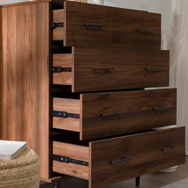 English Elm Walker Edison - Modern 4-Drawer Dresser Walnut with Tapered Metal Legs, Smooth Glides, Durable MDF Laminate Finish B185P326692
