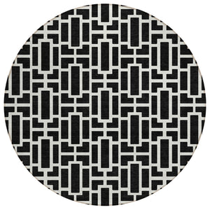 HomeRoots 5' Black and Ivory Geometric Area Rug – Stylish, Washable, and Durable for Indoor and Outdoor Use 8' Round 594835