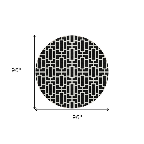 HomeRoots 5' Black and Ivory Geometric Area Rug – Stylish, Washable, and Durable for Indoor and Outdoor Use 8' Round 594835