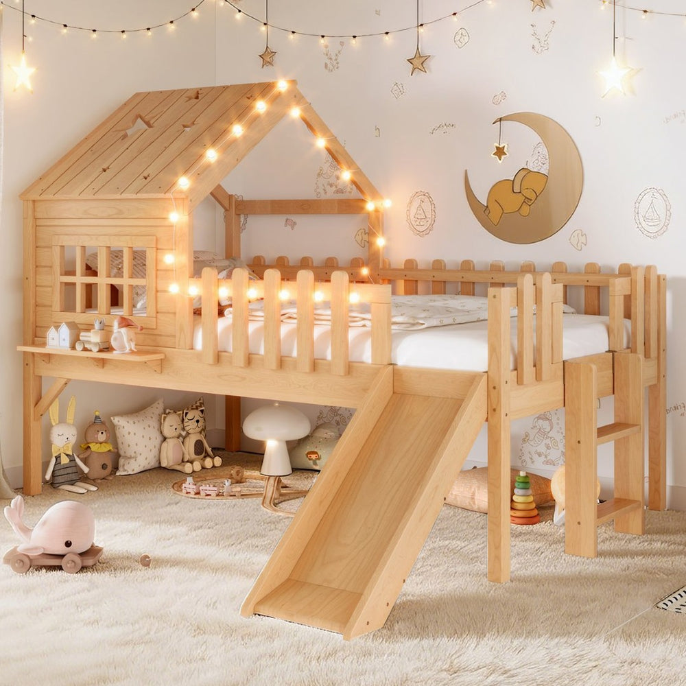English Elm Twin Playhouse Loft Bed Solid Pine Frame with Slide Led Lights and Star Roof Natural W5316S00002