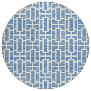 HomeRoots 5' Denim Blue and Ivory Geometric Area Rug - Stylish, Washable Indoor/Outdoor Rug for Every Space 8' Round 594847