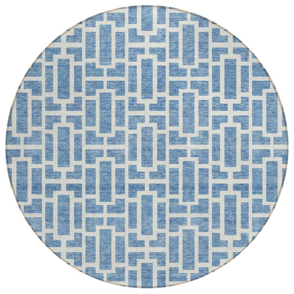 HomeRoots 5' Denim Blue and Ivory Geometric Area Rug - Stylish, Washable Indoor/Outdoor Rug for Every Space 8' Round 594847