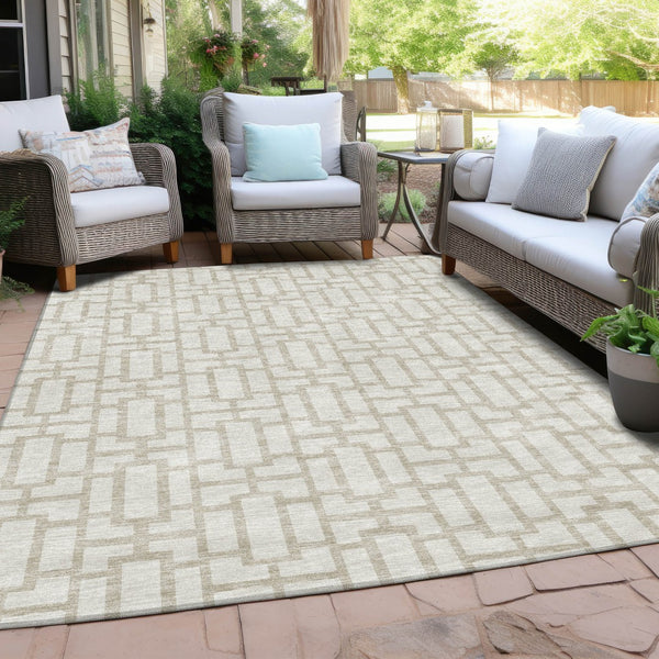 Homeroots 3' Artichoke Green And Ivory Geometric Washable Area Rug For Indoor And Outdoor Spaces 8' X 10' Polyester 594854