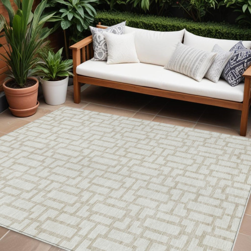 HomeRoots 9' Geometric Ivory and Beige Area Rug – Washable, Durable, Indoor/Outdoor Design for High Traffic Areas 594855