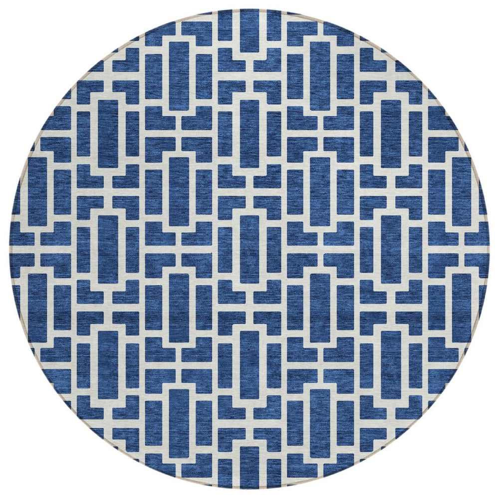 HomeRoots 5' Navy Blue and Ivory Geometric Area Rug – Stylish, Washable Indoor/Outdoor Rug for Modern Spaces 8' Round 594859