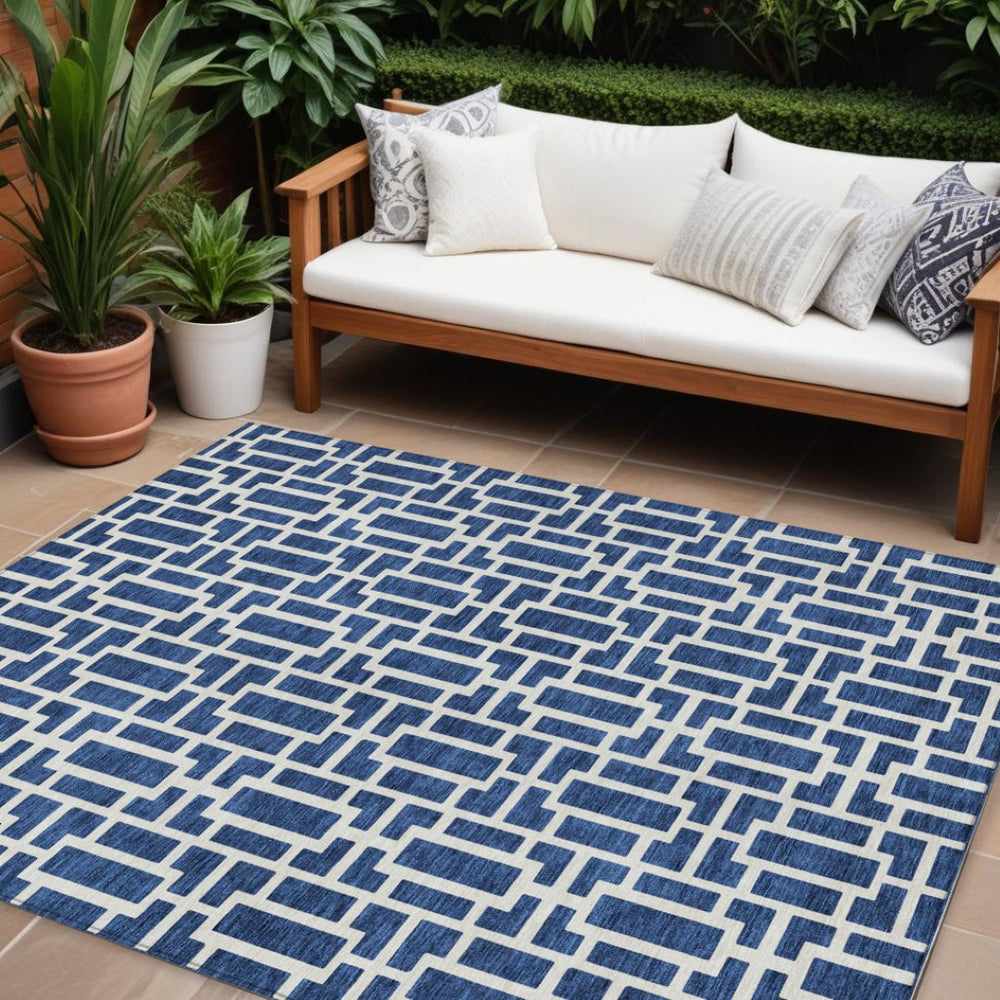 HomeRoots 9' X 12' Navy Blue and Ivory Geometric Area Rug - Stylish, Durable, Machine Washable for Indoor/Outdoor Use 594861