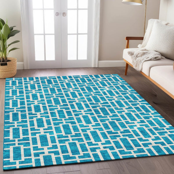 Homeroots 3' Artichoke Green And Ivory Geometric Washable Area Rug For Indoor And Outdoor Spaces 8' X 10' Polyester 594878