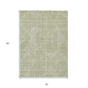 Homeroots 3' Artichoke Green And Ivory Abstract Washable Area Rug For Indoor And Outdoor Spaces, Durable Style 3' X 5' Polyester 594893