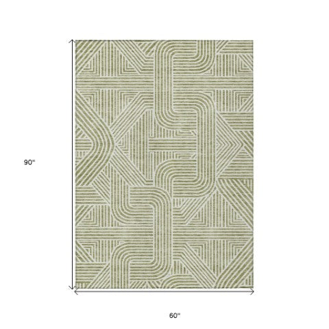 Homeroots 3' Artichoke Green And Ivory Abstract Washable Area Rug For Indoor And Outdoor Spaces, Durable Style 5' X 8' Polyester 594894
