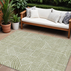 Homeroots 3' Artichoke Green And Ivory Abstract Washable Area Rug For Indoor And Outdoor Spaces, Durable Style 8' X 10' Polyester 594896