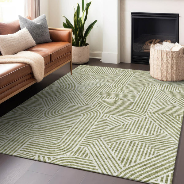Homeroots 3' Artichoke Green And Ivory Abstract Washable Area Rug For Indoor And Outdoor Spaces, Durable Style 8' X 10' Polyester 594896