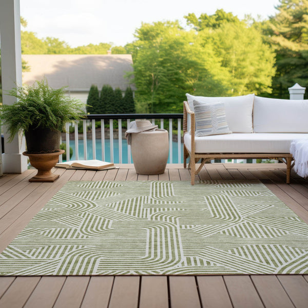 Homeroots 3' Artichoke Green And Ivory Abstract Washable Area Rug For Indoor And Outdoor Spaces, Durable Style 9' X 12' Polyester 594897
