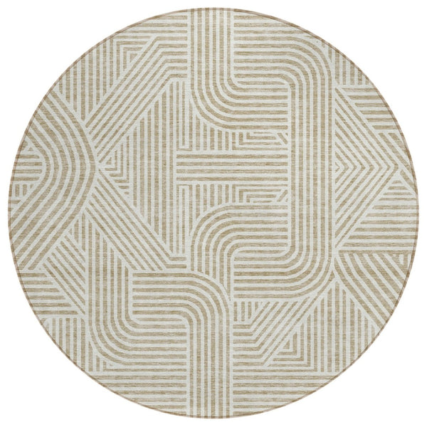 HomeRoots 5' Beige and Brown Abstract Area Rug - Stylish, Washable Indoor/Outdoor Design for Busy Homes 8' Round 594901