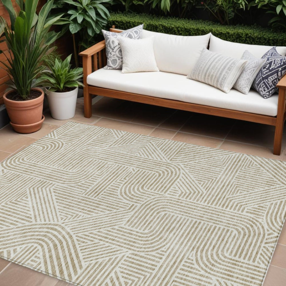 HomeRoots 9' X 12' Beige And Brown Abstract Area Rug – Stylish, Washable, Indoor/Outdoor, Durable & Versatile Design 594903