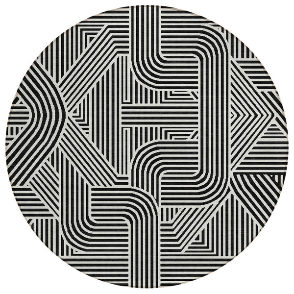 HomeRoots 5' Stylish Black and Ivory Abstract Area Rug - Washable, Durable for Indoor & Outdoor Spaces 8' Round 594907