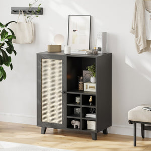 English Elm Rattan Cane Front Sideboard with Drawers Adjustable Shelf Bohemian Storage Cabinet Black T3623P434767