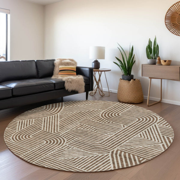 Homeroots 3' Artichoke Green And Ivory Abstract Washable Area Rug For Indoor And Outdoor Spaces, Durable Style 8' Round Polyester 594913