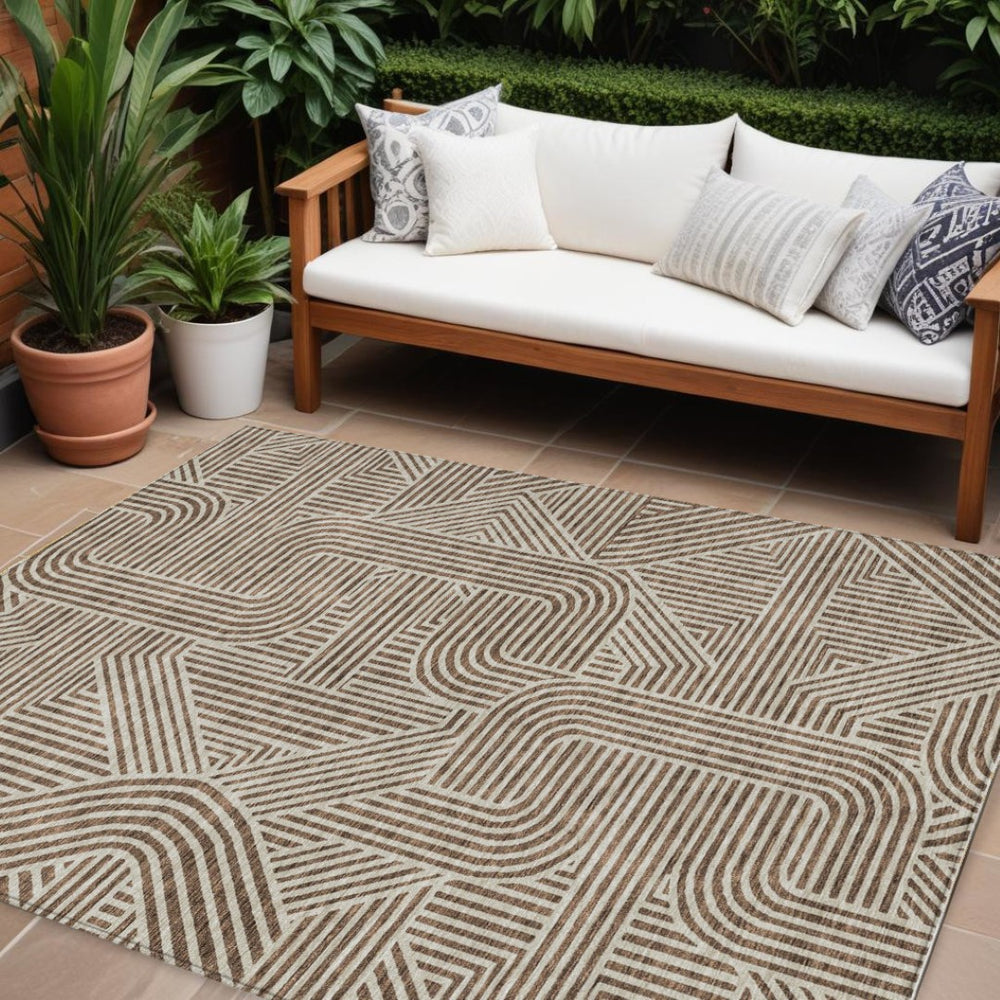 HomeRoots 5' Stylish Brown and Beige Abstract Area Rug - Washable, Durable, Perfect for Indoor or Outdoor Use 8' X 10' 594914