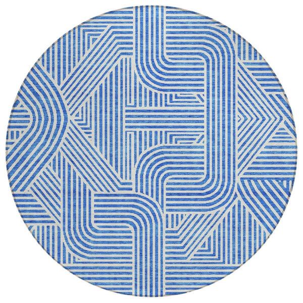HomeRoots 5' Blue and Ivory Abstract Area Rug – Stylish, Washable, Indoor/Outdoor Durable Design for Modern Spaces 8' Round 594919