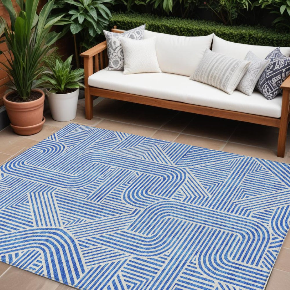 HomeRoots 5' Blue and Ivory Abstract Area Rug – Stylish, Washable, Indoor/Outdoor Durable Design for Modern Spaces 10' X 14' 594922