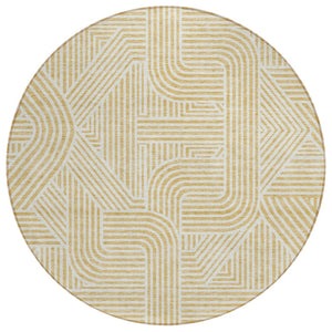 HomeRoots 5' Gold and Beige Abstract Area Rug - Stylish Durable Design for Indoor and Outdoor Spaces, Washable 8' Round 594931