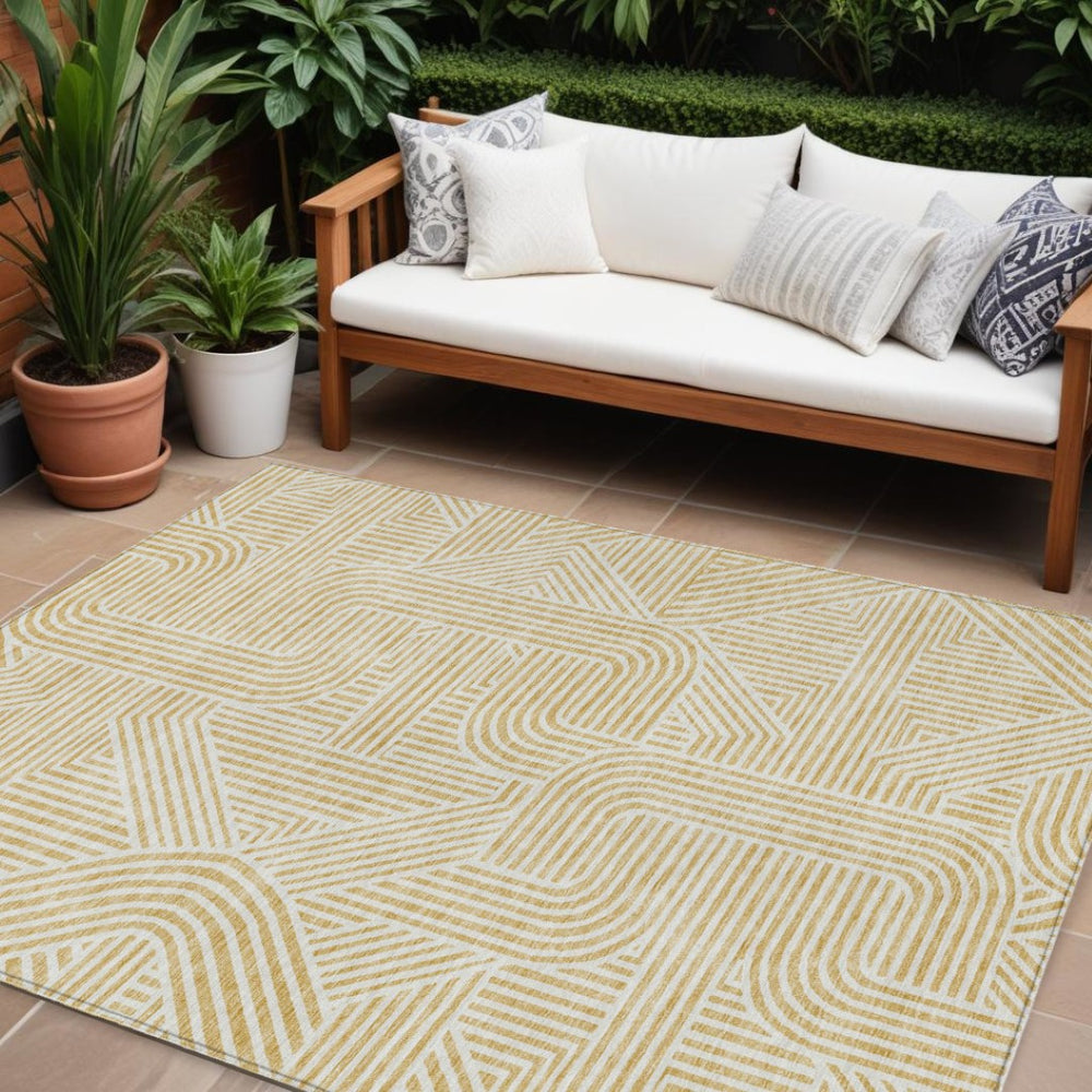 HomeRoots 9' X 12' Gold and Beige Abstract Area Rug - Stylish, Washable, Durable for Indoor & Outdoor Spaces 594933