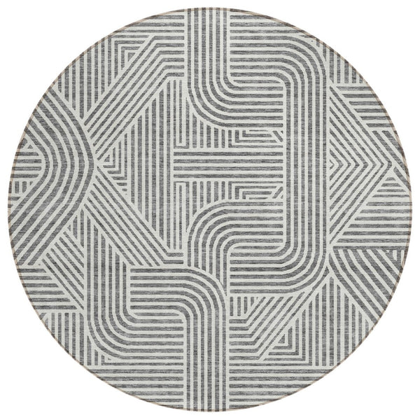 HomeRoots 5' Contemporary Gray and Ivory Abstract Washable Rug for Indoor and Outdoor Use, Easy Care Solution 8' Round 594937