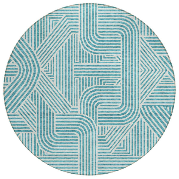 HomeRoots 5' Teal Blue and Ivory Abstract Area Rug - Stylish, Durable, and Washable for Indoor and Outdoor Use 8' Round 594961