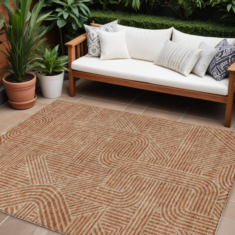 HomeRoots 5' Terra Cotta and Brown Abstract Area Rug - Stylish, Washable Indoor/Outdoor Design for Any Space 10' X 14' 594970