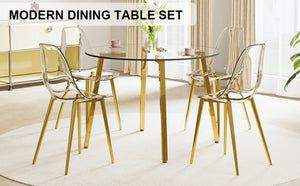English Elm Table Modern 5-Piece Set: Circular Tempered Glass Dining Table With 4 Transparent Chairs & Gold Legs W1151S02864-GIGA