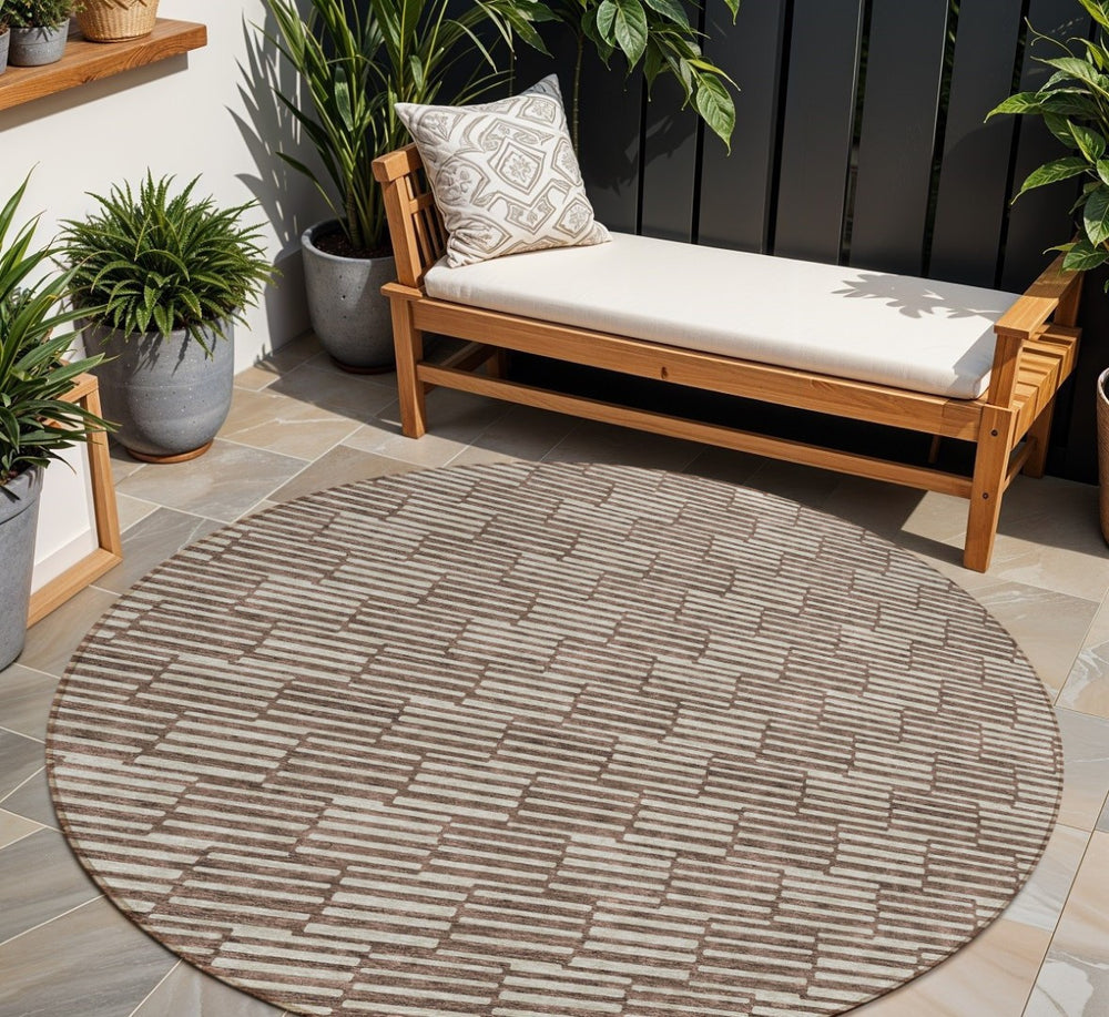HomeRoots 5' Stylish Brown and Beige Geometric Area Rug - Durable, Washable for Indoor and Outdoor Spaces 8' Round 594985
