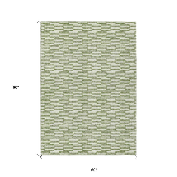 HomeRoots 5' Geometric Green and Ivory Washable Area Rug for Indoor and Outdoor Style and Durability 5' X 8' 594990