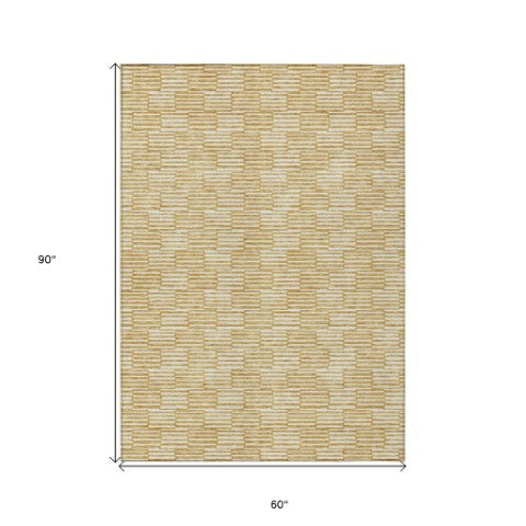 Homeroots 3' Stylish Beige And Ivory Geometric Washable Area Rug For Indoor And Outdoor Spaces, Durable Design 5' X 8' Polyester 594996