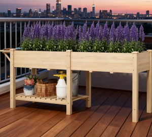 English Elm Elevated Fir Wood Raised Planter with Foldable Side Table and Bottom Storage Shelf T3971P423012